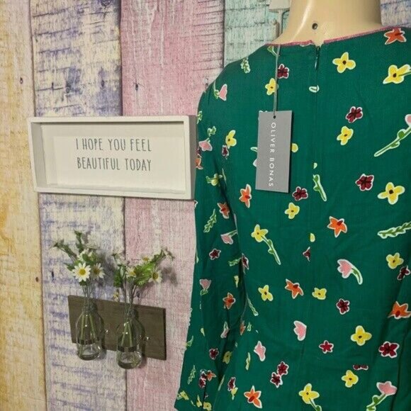 Long Sleeve Teacher Fashion Floral Print Sheath Knee Length Green Daisy Dress - Picture 7 of 9